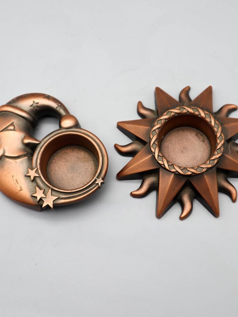 2 Cast Metal Celestial Tea Light Candle Holders Copper Tone Starburst Moon Stars